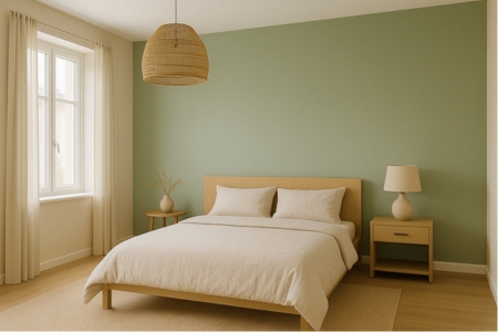 rustgevende kleuren in de slaapkamer - zacht groen en warm beige
